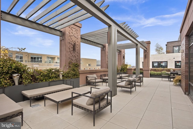 view of patio featuring a pergola and outdoor lounge area