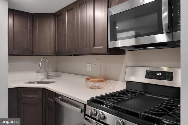 kitchen featuring dark brown cabinetry, stainless steel appliances, and sink