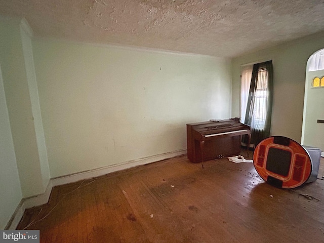 interior space with a textured ceiling and hardwood / wood-style flooring