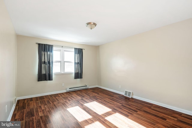 empty room featuring dark wood-type flooring and a baseboard radiator