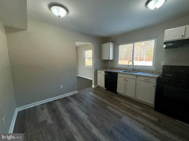 kitchen featuring white cabinets, dark hardwood / wood-style flooring, sink, and black appliances