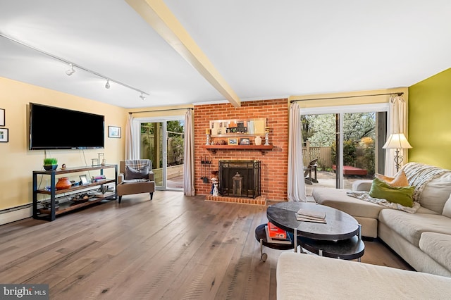 living room with hardwood / wood-style floors, a fireplace, and rail lighting