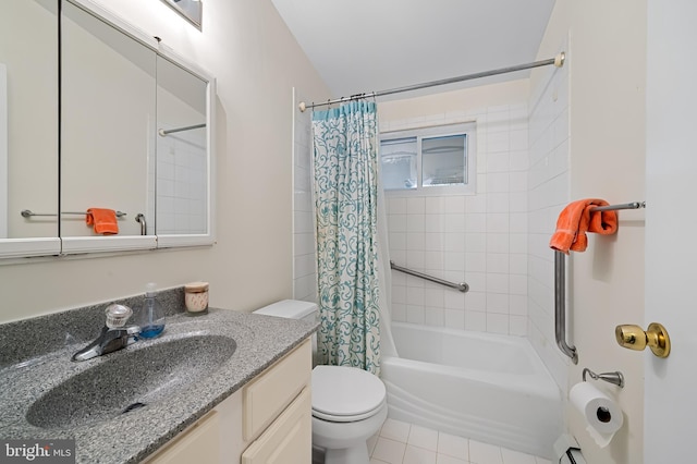 bathroom featuring tile patterned flooring, shower / bathtub combination with curtain, vanity, and toilet