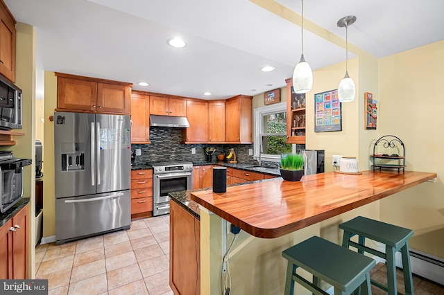 kitchen featuring tasteful backsplash, a peninsula, under cabinet range hood, a sink, and stainless steel appliances