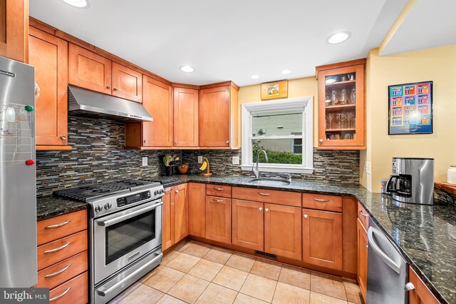 kitchen featuring light tile patterned floors, tasteful backsplash, under cabinet range hood, a sink, and stainless steel appliances