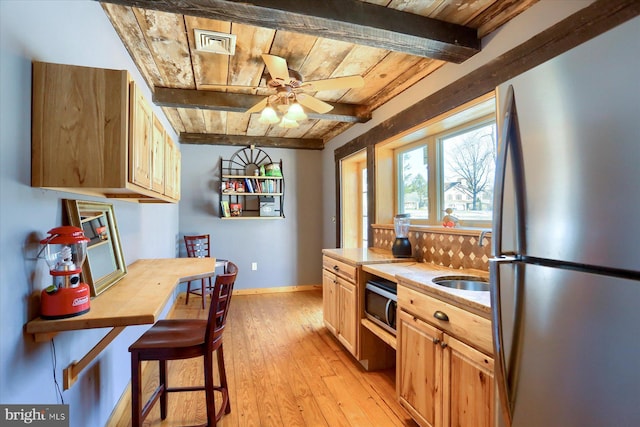 kitchen with sink, wooden ceiling, beamed ceiling, appliances with stainless steel finishes, and light wood-type flooring