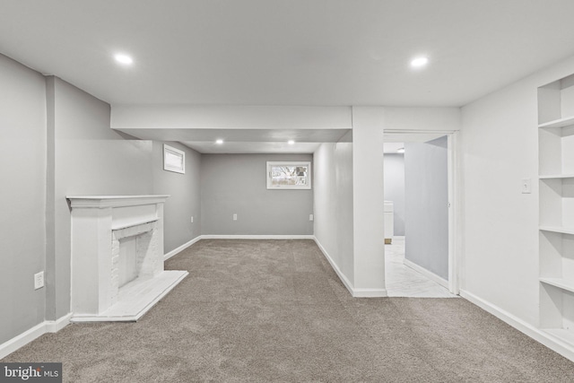 basement with light carpet