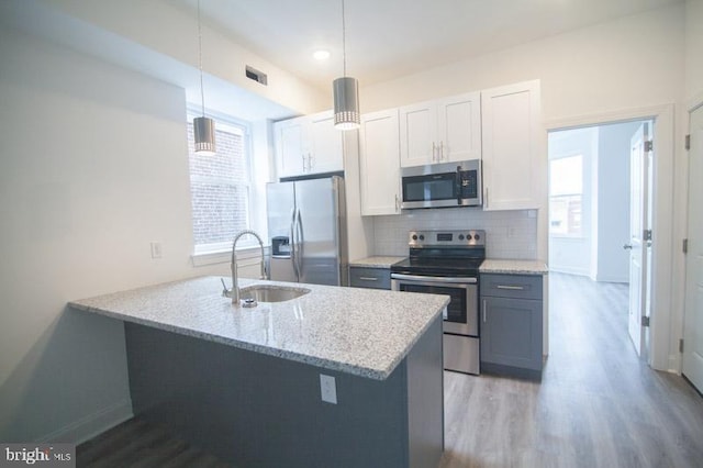 kitchen featuring kitchen peninsula, stainless steel appliances, sink, pendant lighting, and white cabinets