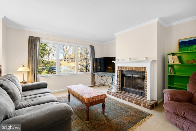 carpeted living room with crown molding and a brick fireplace