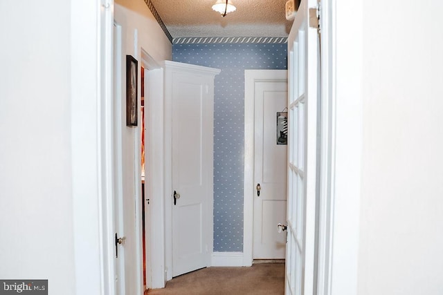 corridor featuring light carpet and a textured ceiling