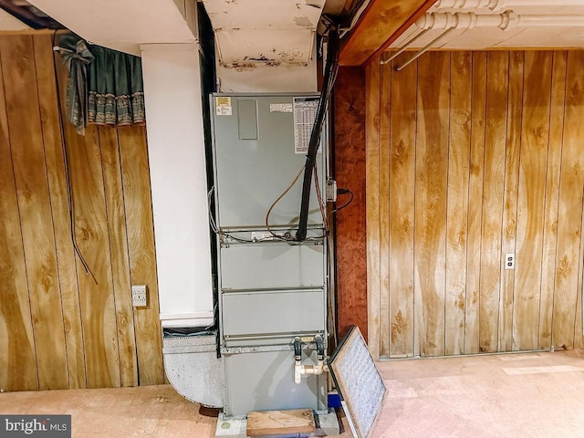 basement featuring wooden walls