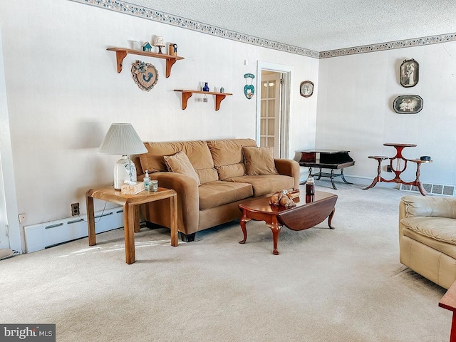 living room featuring light carpet, a baseboard radiator, and a textured ceiling