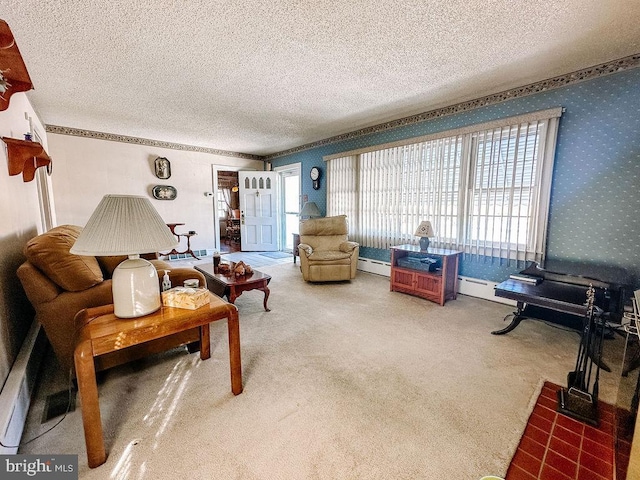 living room with carpet, a textured ceiling, and baseboard heating