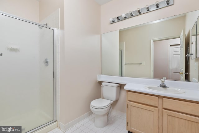 bathroom with tile patterned flooring, vanity, toilet, and walk in shower