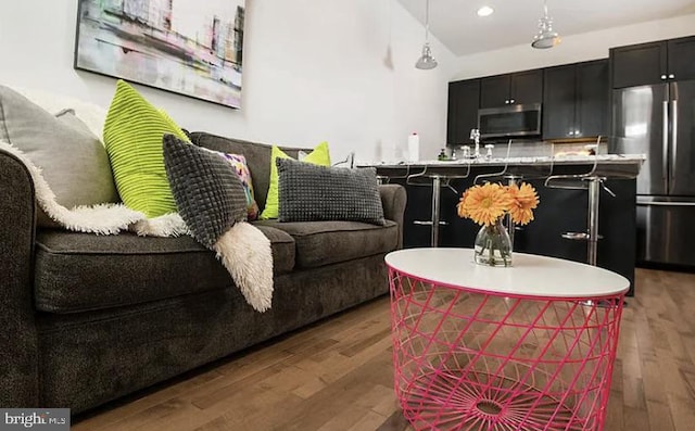 living room featuring wood-type flooring and lofted ceiling