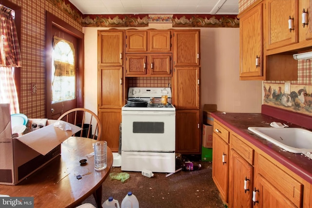 kitchen with white range with electric stovetop and sink