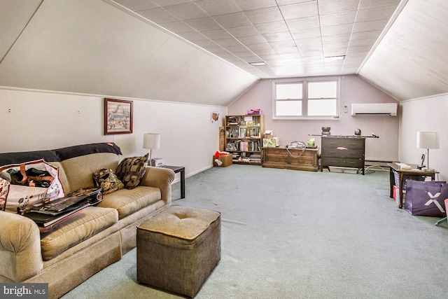 living room featuring carpet flooring, an AC wall unit, and vaulted ceiling