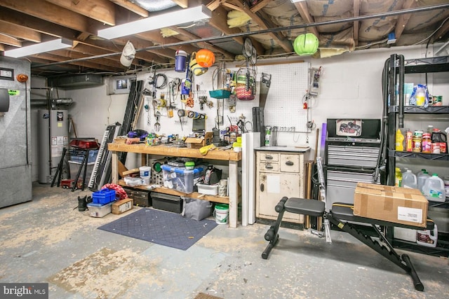 basement with a workshop area and gas water heater