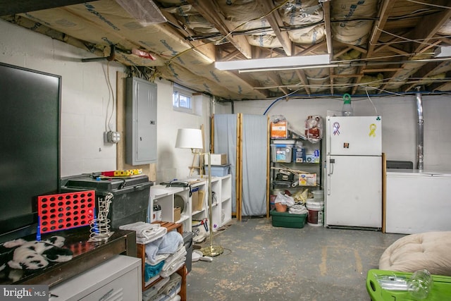 basement featuring electric panel, refrigerator, and white refrigerator