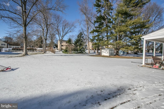 yard covered in snow with a storage shed