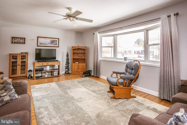 living room with hardwood / wood-style flooring and ceiling fan