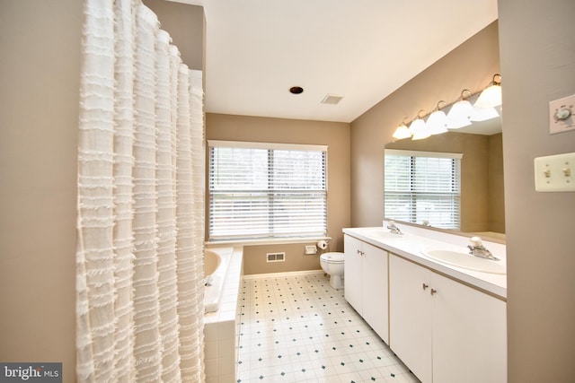 bathroom featuring vanity, toilet, and a bath