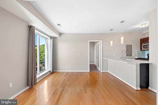 unfurnished living room featuring electric panel and light hardwood / wood-style floors