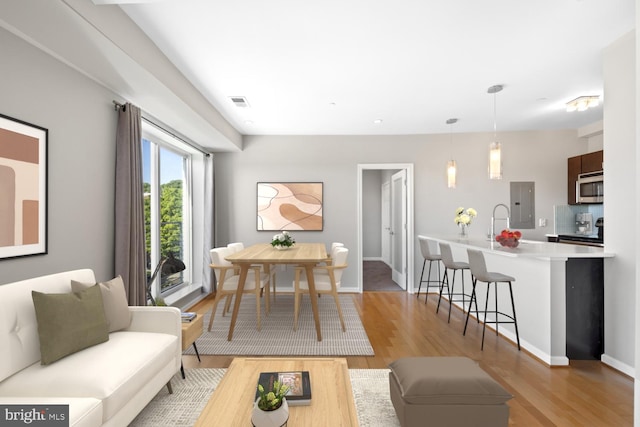 living room with light wood-type flooring, sink, and electric panel