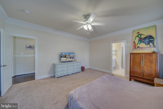 bedroom with light carpet, ceiling fan, and crown molding