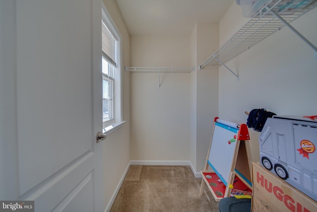 walk in closet featuring light carpet