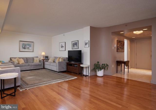 living room featuring crown molding, light wood-type flooring, and a textured ceiling