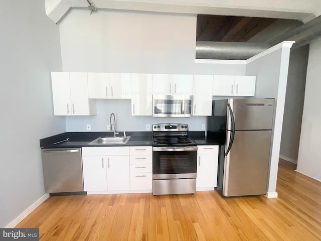 kitchen with stainless steel appliances, white cabinetry, light hardwood / wood-style floors, and sink