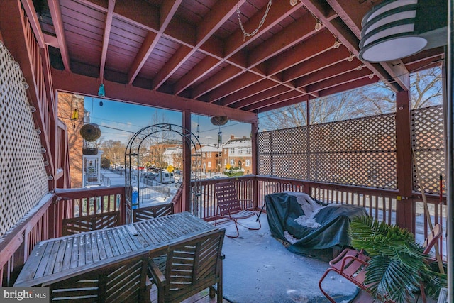 view of snow covered deck