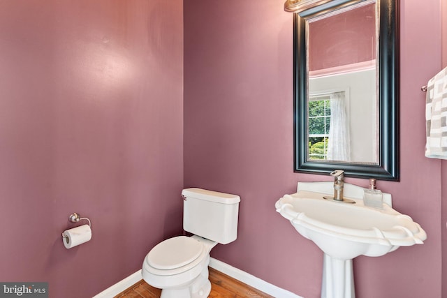 bathroom with hardwood / wood-style flooring and toilet