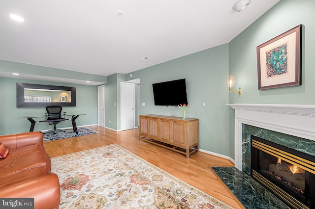 living room featuring a fireplace and light wood-type flooring