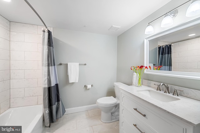 full bathroom with toilet, vanity, and shower / bath combination with curtain