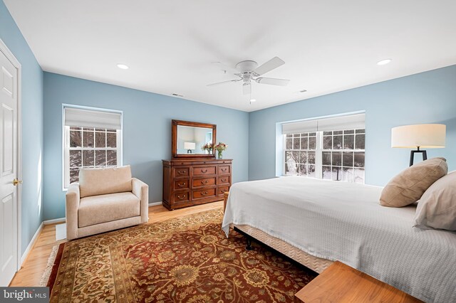 bedroom featuring ceiling fan, light wood-type flooring, and multiple windows