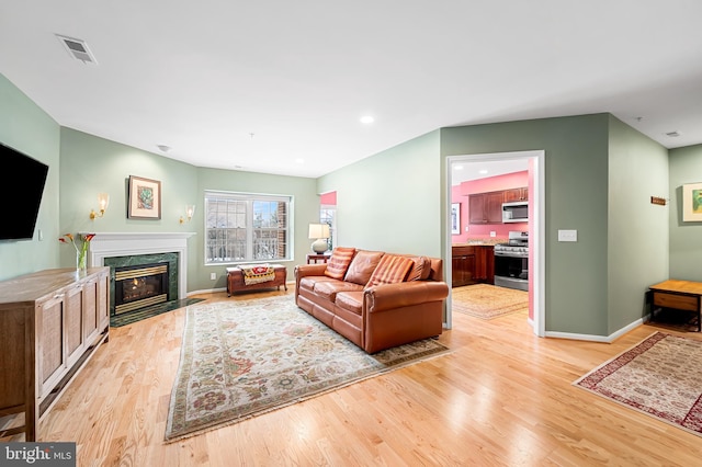 living room featuring a fireplace and light hardwood / wood-style floors