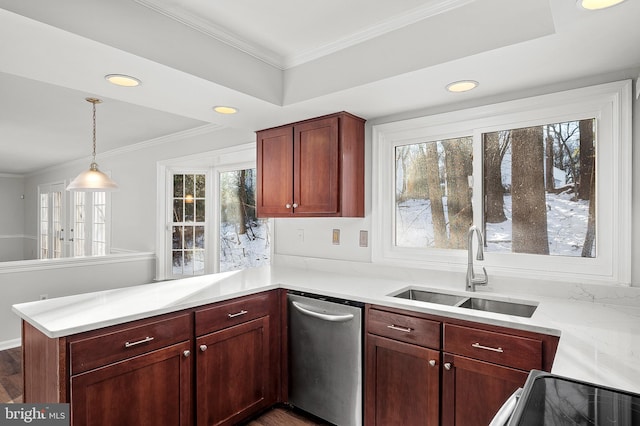 kitchen featuring sink, kitchen peninsula, stainless steel dishwasher, hanging light fixtures, and crown molding