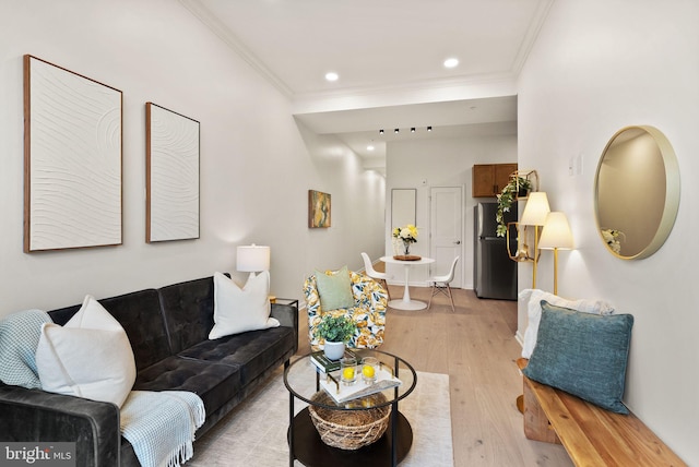 living room featuring ornamental molding and light hardwood / wood-style floors