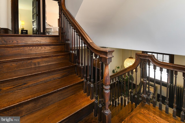 staircase with hardwood / wood-style flooring