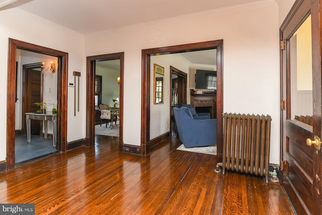 hall featuring radiator, crown molding, and dark hardwood / wood-style flooring