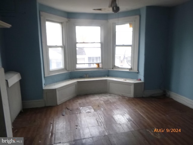 spare room featuring radiator, a wealth of natural light, ceiling fan, and hardwood / wood-style flooring