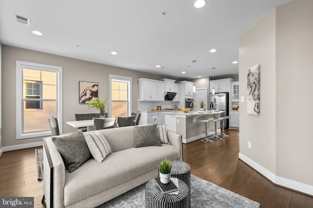 living room featuring dark wood-type flooring