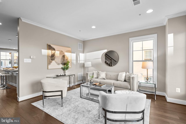 living room featuring dark hardwood / wood-style flooring and crown molding