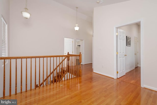 hall with hardwood / wood-style flooring and high vaulted ceiling