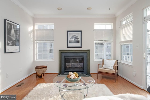 living area featuring light hardwood / wood-style flooring and crown molding