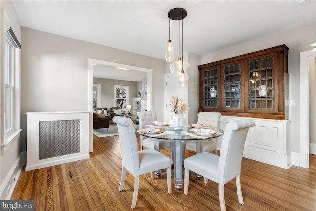 dining space with radiator heating unit and light hardwood / wood-style floors