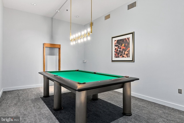 rec room with dark carpet and billiards