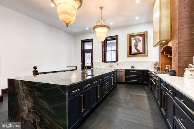 kitchen featuring pendant lighting, dishwasher, sink, backsplash, and light stone counters